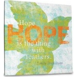 Trinx Hope Is The Thing w/ Feathers - Canvas Quotes Canvas & Fabric in Green/Orange, Size 16.0 H x 16.0 W x 1.25 D in | Wayfair