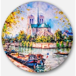 Designart 'Notre Dame Paris' Landscape Glossy Large Disk Metal Wall Art found on Bargain Bro from Overstock for USD $69.91