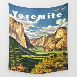 Wall Hanging Tapestry | Yosemite National Park Vintage Travel Poster Landscape Illustration by Enshape - 51" x 60" - Society6