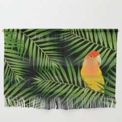 Wall Hanging | Lovebird Parrots In Green Palm Leaves On Black by Popparrot - Large 47" x 32 1/4" - Society6