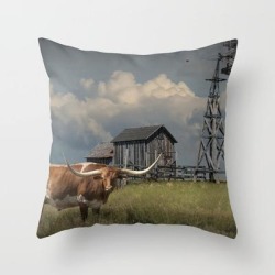 Longhorn Steer In A Prairie Pasture By 1880 Town With Windmill And Old Gray Wooden Barn Couch Throw Pillow by Randy Nyhof - Cover (16" x 16") with pillow insert - Indoor Pillow