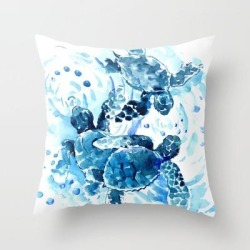 Three Sea Turtles, Blue Bathroom Turtle Artwork, Underwater Couch Throw Pillow by Surenart - Cover (16" x 16") with pillow insert - Indoor Pillow