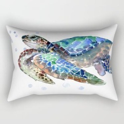 Sea Turtle, Green Blue, Sea Turtle Under Water, Sky Blue Rectangular Pillow by Surenart - Small (17" x 12")