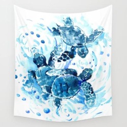 Three Sea Turtles, Blue Bathroom Turtle Artwork, Underwater Wall Hanging Tapestry by Surenart - 51" x 60"