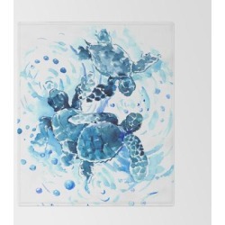 Three Sea Turtles, Blue Bathroom Turtle Artwork, Underwater Bed Throw Blanket by Surenart - 51" x 60" Blanket