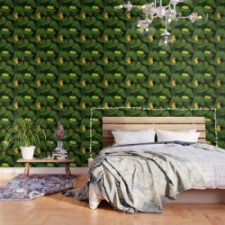 Peel And Stick Wallpaper | Lovebird Parrots In Green Palm Leaves On Black by Popparrot - 2' X 8' - Society6