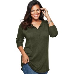 Plus Size Women's Fine Gauge Drop Needle Henley Sweater by Roaman's in Dark Olive Green (Size L) found on Bargain Bro from fullbeauty for USD $46.50