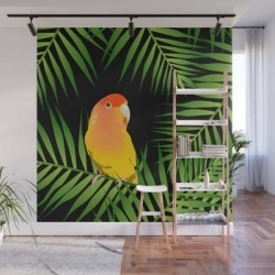 Wall Mural | Lovebird Parrots In Green Palm Leaves On Black by Popparrot - 8' X 8' - Society6