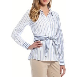 Tommy Hilfiger Stripe Print Point Collar Neck Button-Front Long Sleeve Belted Blouse -  M found on Bargain Bro from Dillard's for USD $68.02