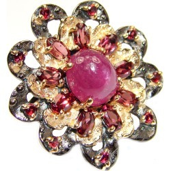 Large genuine Ruby 24K Gold over .925 Sterling Silver Statement Italy made ring; s. 6