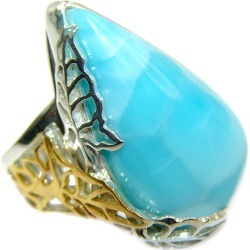 Vintage Design Natural Larimar two tones .925 Sterling Silver handcrafted Ring s. 8 adjustable
