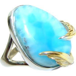 Vintage Design Natural Larimar two Tones .925 Sterling Silver handcrafted Ring s. 7