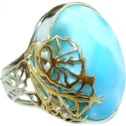 Vintage Design Natural Larimar two Tones .925 Sterling Silver handcrafted Ring s. 8 adjustable