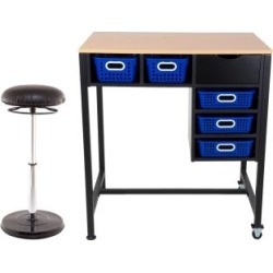 Standing Workstation With Teacher Kore Chair And Single Color Baskets Blue by Really Good Stuff Inc