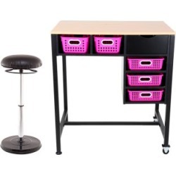 Standing Workstation With Teacher Kore Chair And Single Color Baskets Pink Neon by Really Good Stuff Inc