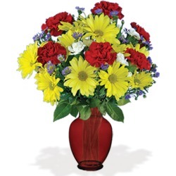 Cheerful Greetings with Red Vase Flower Delivery