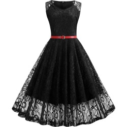Sleeveless Belted Lace A Line Dress
