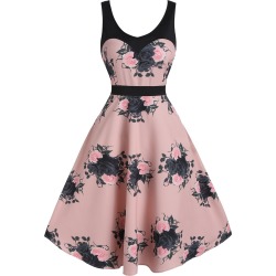 Flower Print A Line Vintage Sleeveless Dress