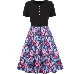 Feather Print Buttons A Line Dress