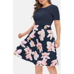 Plus Size Flower Print A Line Dress