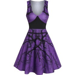 Low Cut Branch Print A Line Dress