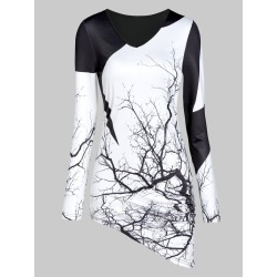 Tree Print Ruched Asymmetric T Shirt