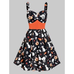 High Waist A Line Button Skull Print Halloween Dress