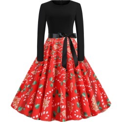 Christmas Print Belted Long Sleeve A Line Dress