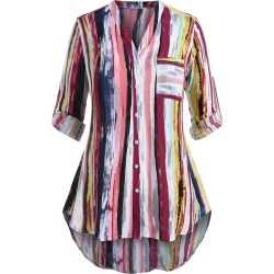 Striped Front Pocket Plus Size High Low Blouse