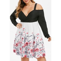 Plus Size Open Shoulder Floral Print A Line Dress