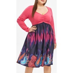 Plus Size Plunge Paisley Print A Line Dress