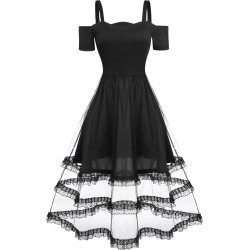 Open Shoulder Mesh Overlay A Line Dress