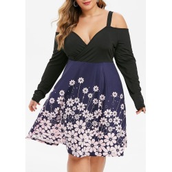 Plus Size Open Shoulder Floral Print A Line Dress