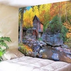 Wooden House and Forest Pattern Tapestry