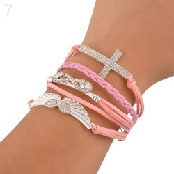 Women's Angel Wings Cross Rhinestone Braid Faux Leather Alloy Cuff Bangle Bracelet Jewelry