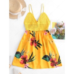 ZAFUL Crochet Panel Floral Print Slip A Line Dress