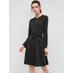 Ribbed Long Sleeve Belted A Line Dress