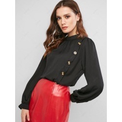 Keyhole Back Mock Button Crew Neck Blouse