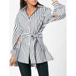 High Low Slit Striped Shirt with Belt