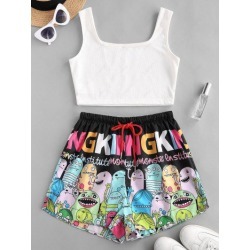 Ribbed Cropped Funny Print Two Piece Set