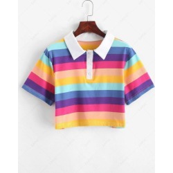 Rainbow Striped Half Button Crop Tee