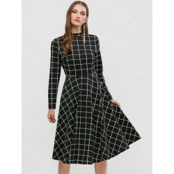 ZAFUL Long Sleeve Checked Mock Neck A Line Dress