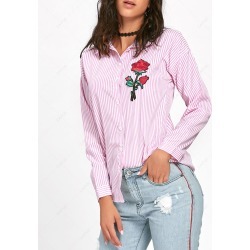 Floral Embroidered High Low Striped Shirt