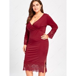 Lace Trim Plus Size Midi Surplice Dress