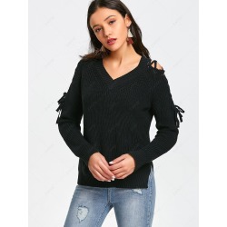 Lace Up Side Slit V Neck Sweater