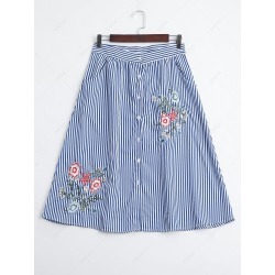 Button Up Striped Embroidered A Line Skirt