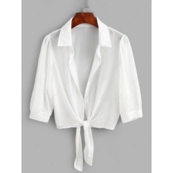Tie Hem Semi Sheer Crop Cover Up Top