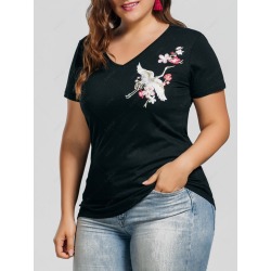 Crane Embroidered Cotton Plus Size Top