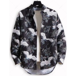 Flying Crane Plant Print Drop Shoulder High Low Shirt