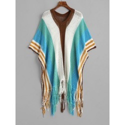 Fringed Wide Striped Crochet Poncho Cover Up Top